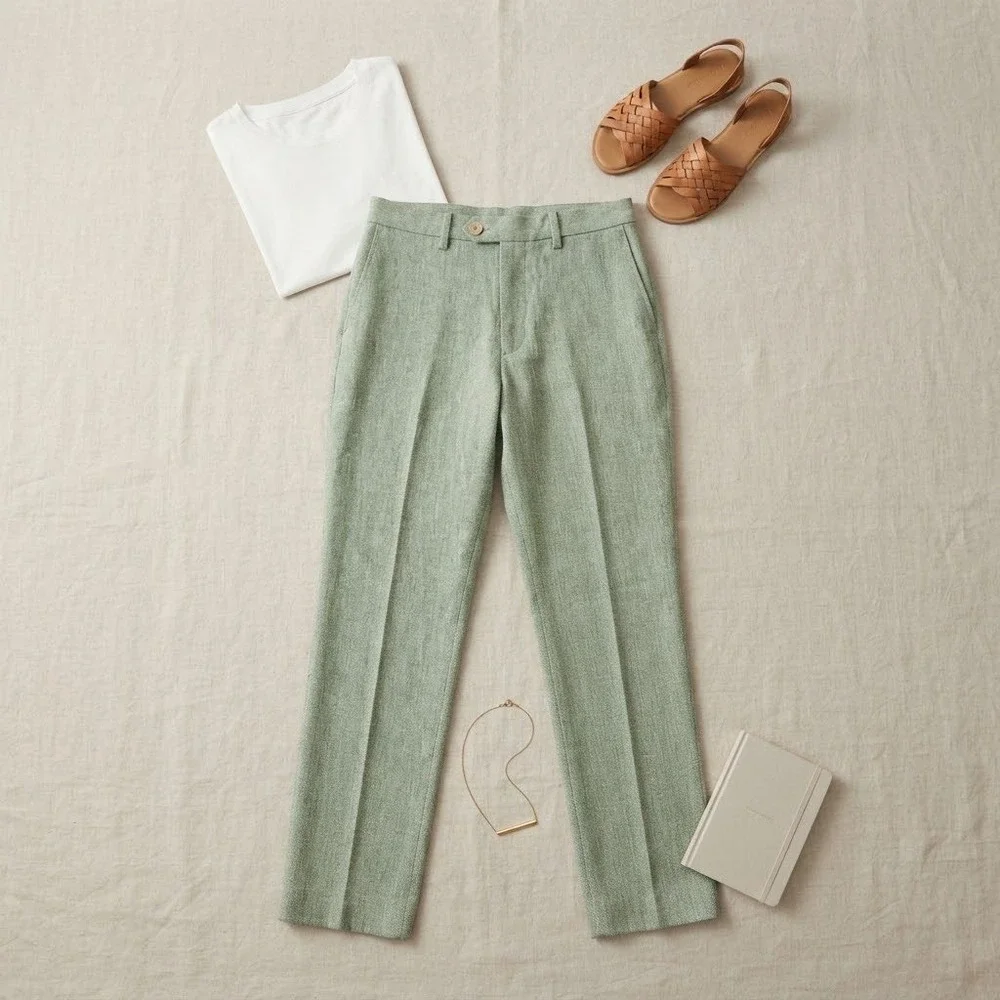 Banana Republic Trousers 29 Sage Green Herringbone Linen Tailored Fit Luxury